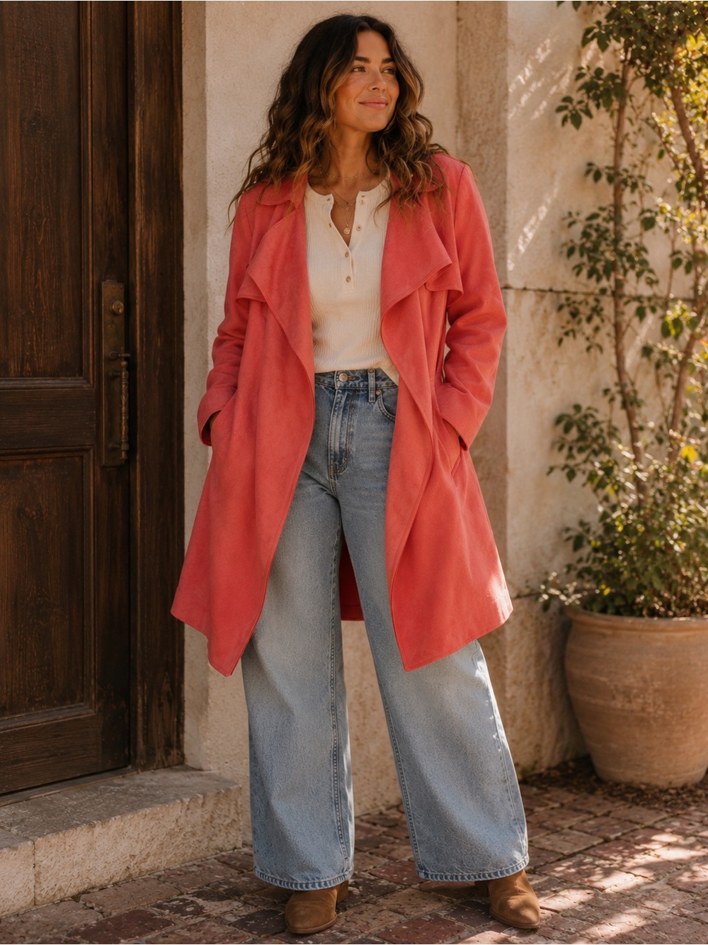 Solitaire Faux Suede Waterfall Trench Coat Coral Pink Belted Open Front XL